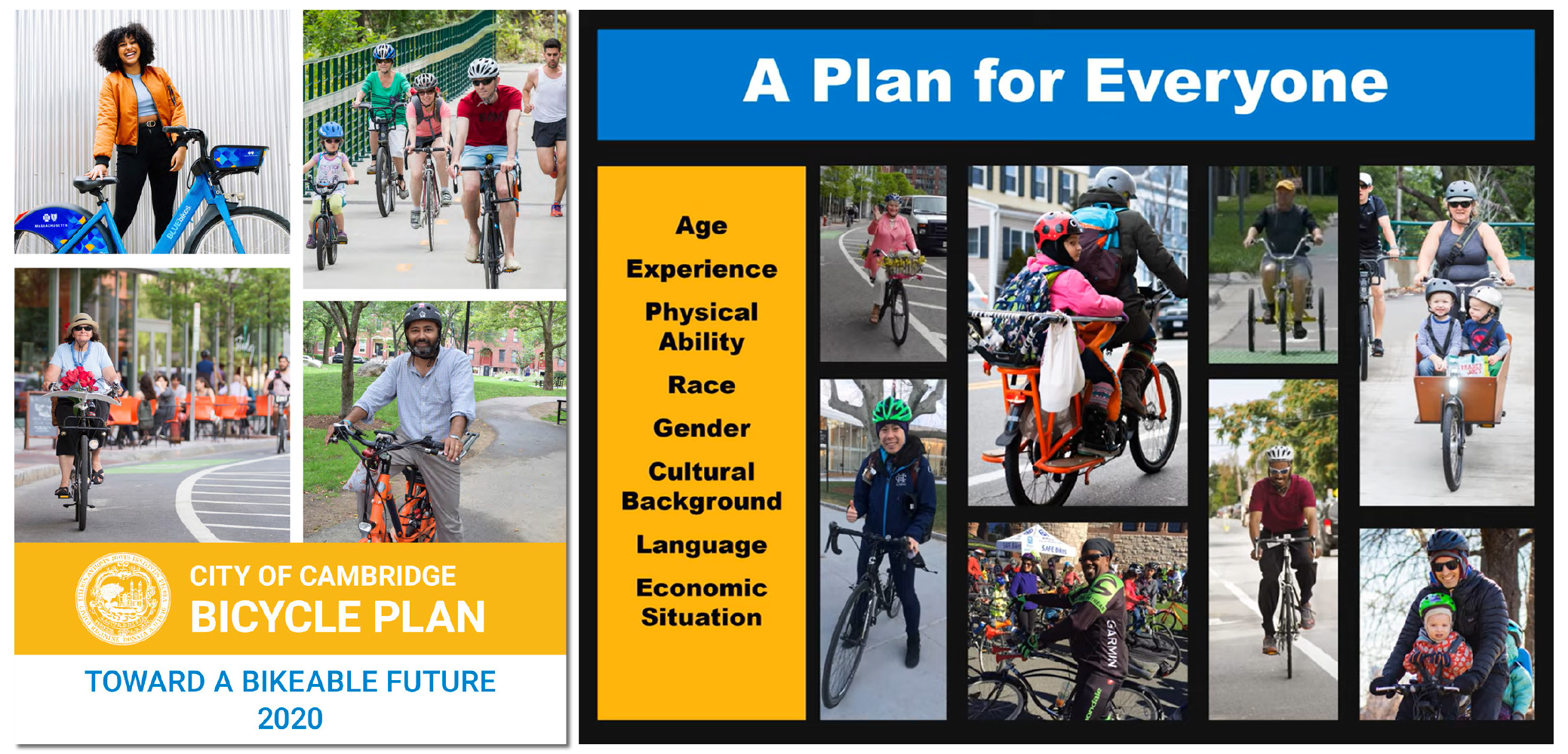 Cambridge_2020_Bike_Plan_Cover_AAA+_e A graphic with the cover of the Cambridge Bike Plan Update on the left and a still from the project video highlighting an All Ages, Abilities, and Identities approach.